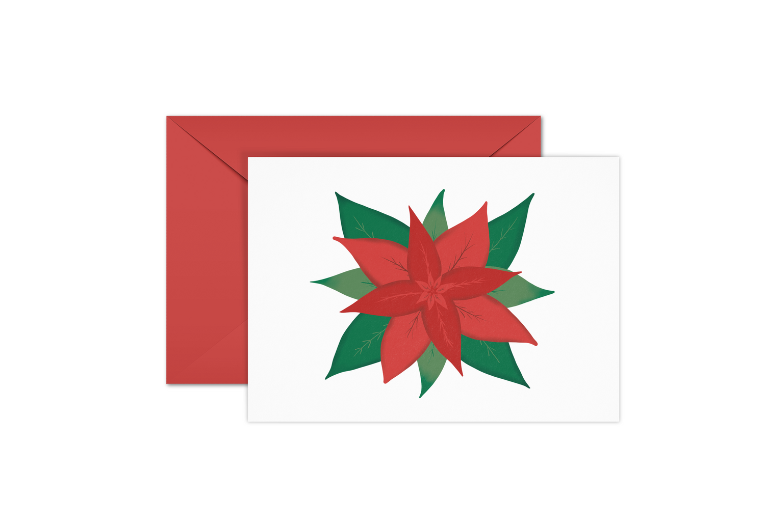 Holiday card with red poinsettia and green leaves