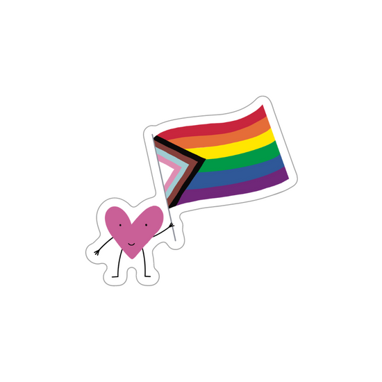 Vinyl sticker with a smiling heart holding a pride flag