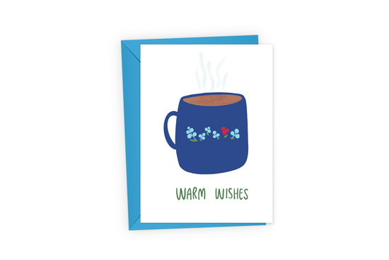 Holiday card with blue steamy mug of cocoa and the words, "Warm wishes"